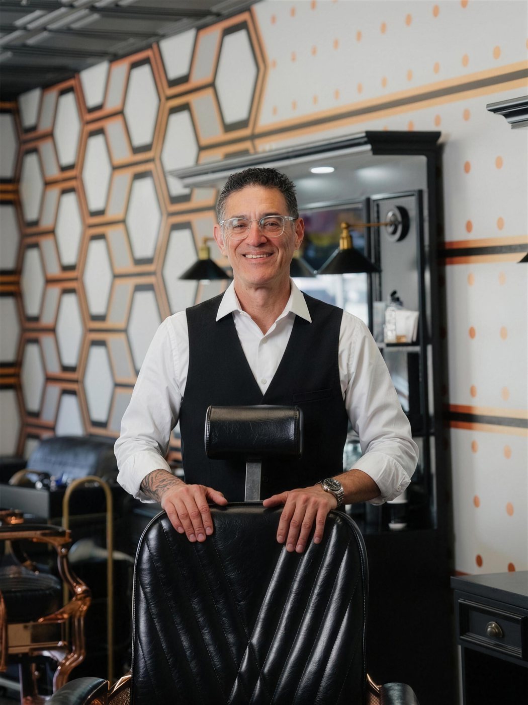 David Gonzales in a barber vest standing behind a black leather barber chair