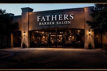 Fathers Barber Salon building exterior at night, Laguna Hills
